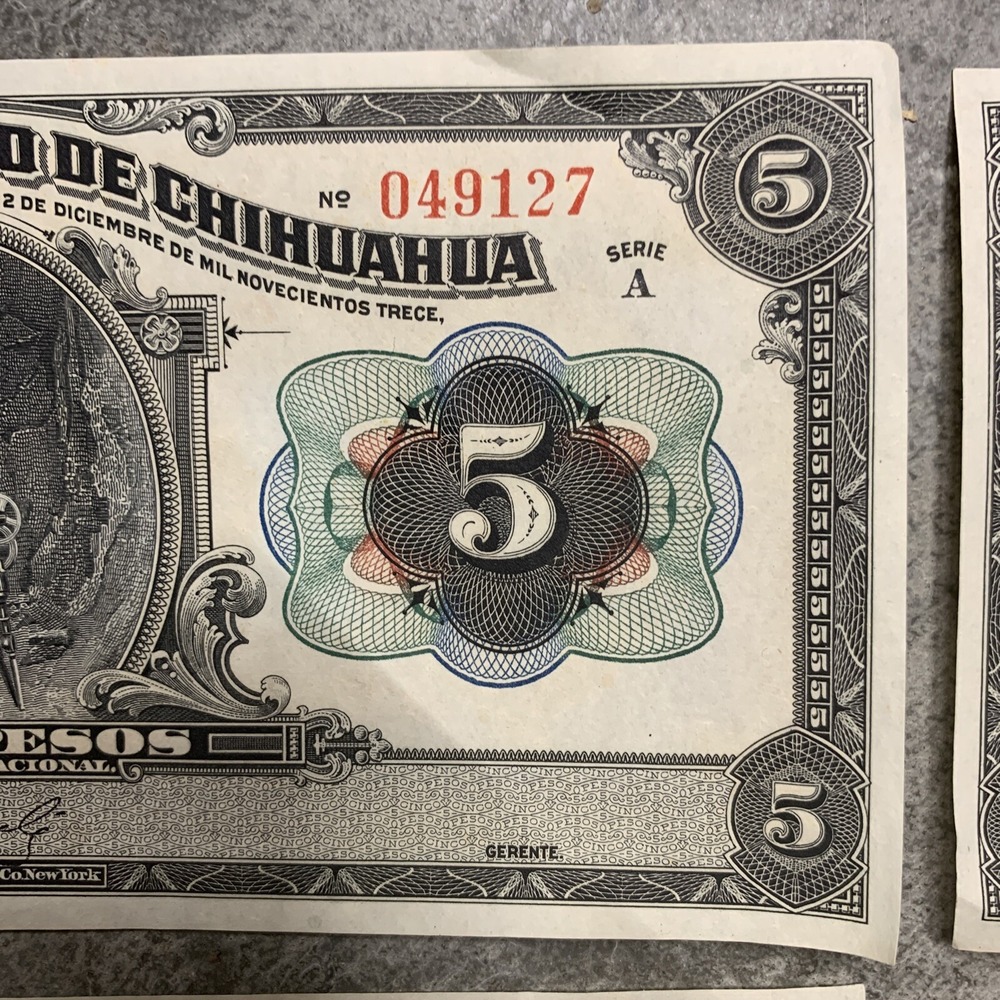 Mexico 5 Pesos, Serie A, 1913 UNC AU Banknote, lot of 4 - Picture 6 of 14
